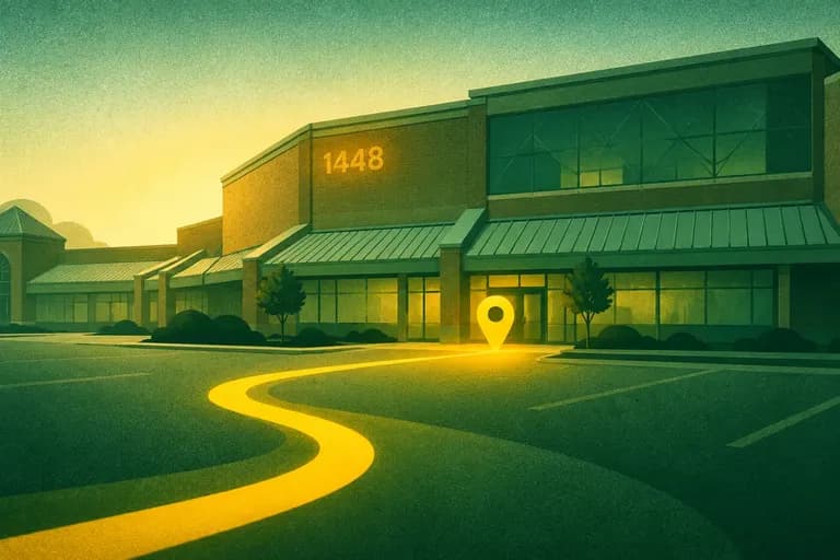 An illustrated brick plaza with a long green awning, a glowing yellow path leading across the lot to a pin at the door