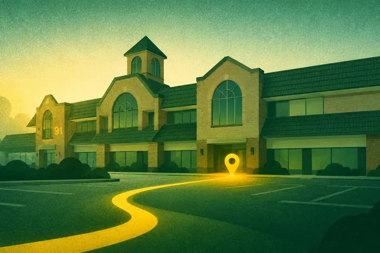 An illustrated brick plaza with gables and a small tower, a glowing yellow path leading across the lot to a pin at the door
