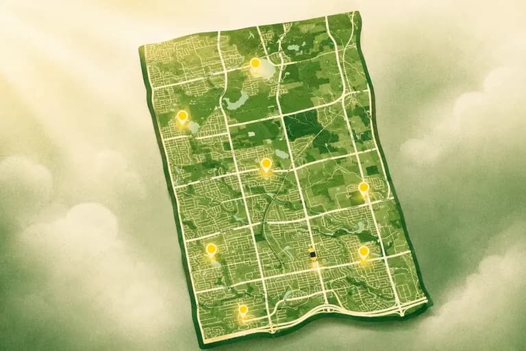 Illustrated map of Richmond Hill with glowing pins marking the best places to practice driving