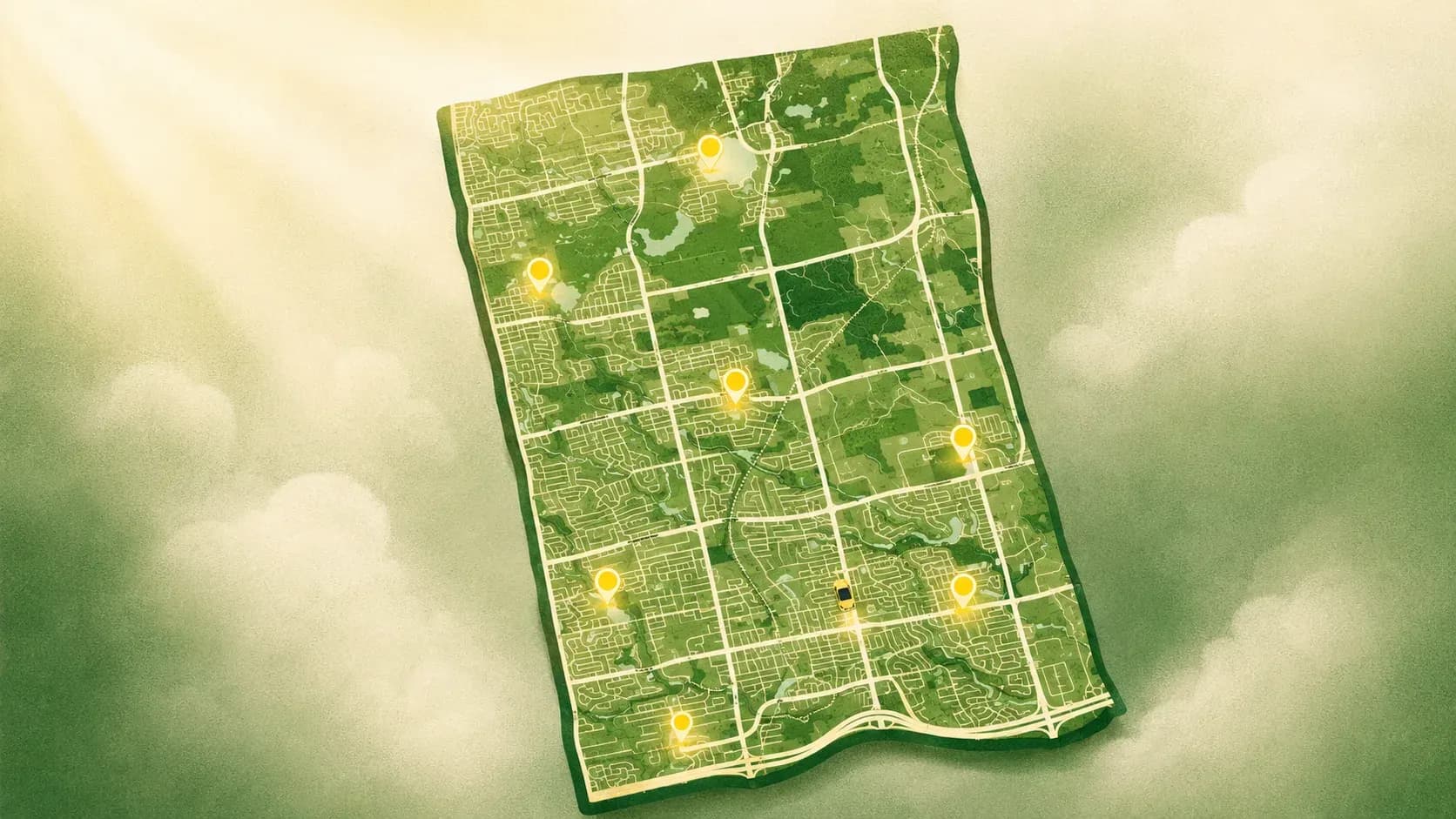 Illustrated map of Richmond Hill with glowing pins marking the best places to practice driving