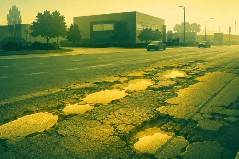 Illustration of a pothole-covered Toronto arterial road in Greenhorn's green-and-yellow style