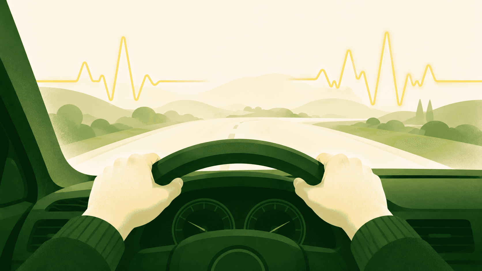 Driver's-eye illustration of hands gripping a green steering wheel with a yellow heartbeat line, representing driving anxiety