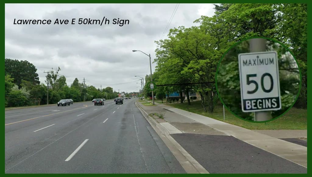 Lawrence Avenue East heading east from Underhill Drive, with the MAXIMUM 50 BEGINS sign magnified