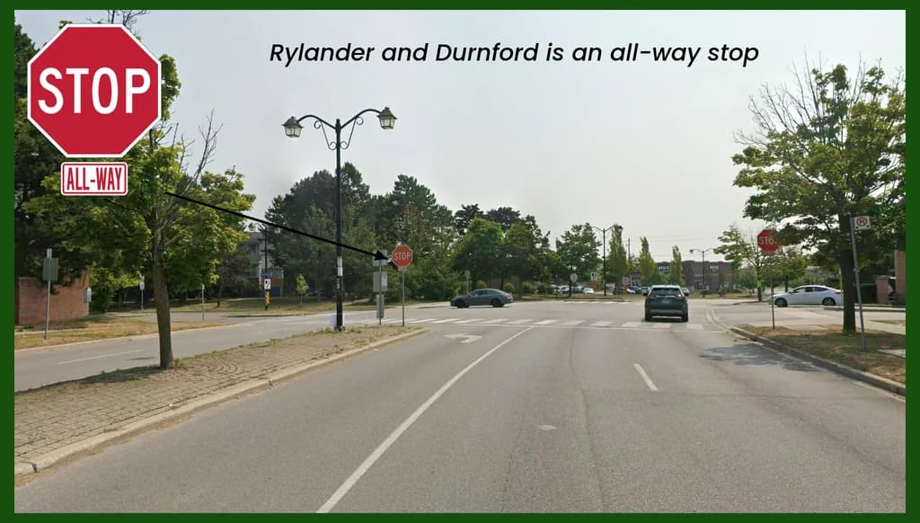Heading east on Rylander Boulevard toward the all-way stop at Durnford Road