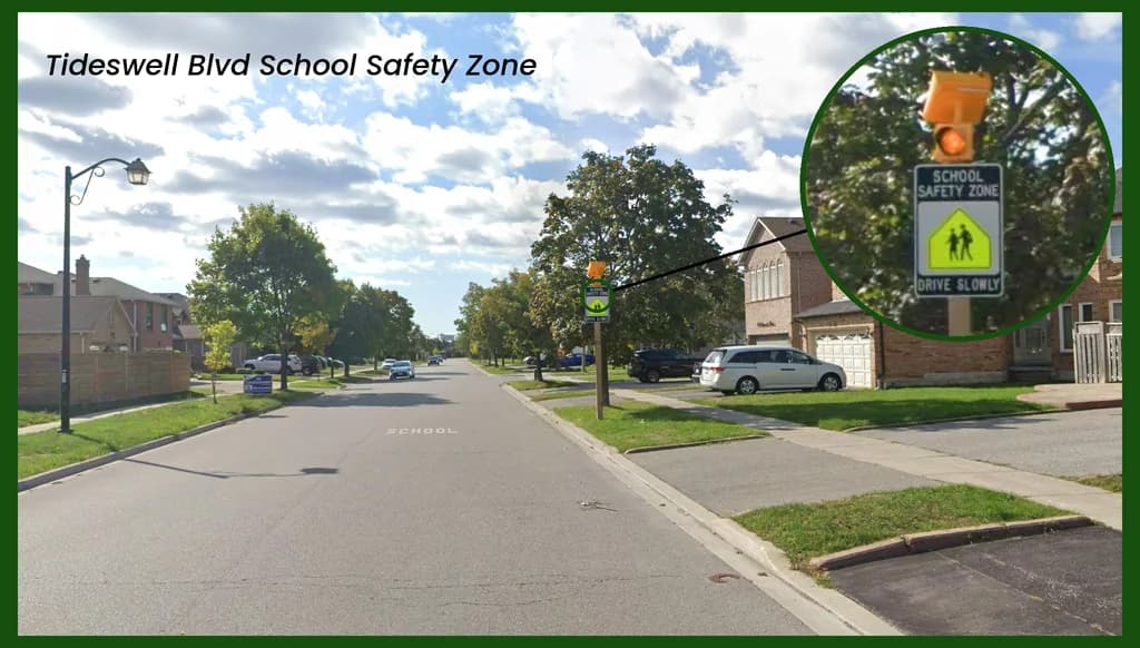 Tideswell Boulevard heading south, with the school safety zone sign and beacon magnified