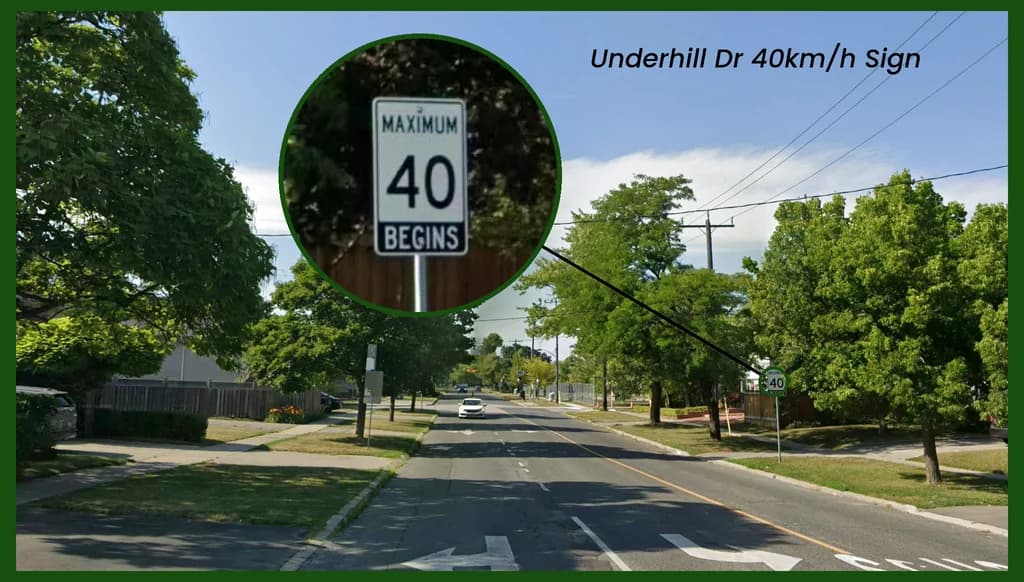 Underhill Drive heading north from Lawrence, with the MAXIMUM 40 BEGINS sign at the start of the school zone magnified