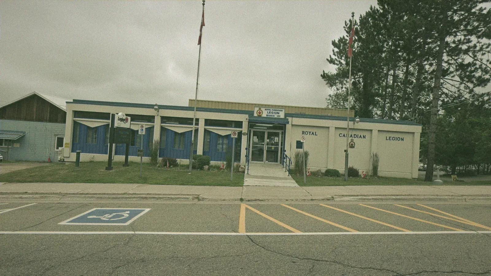 Royal Canadian Legion, 719 Mountain St, Haliburton, the building DriveTest uses as its Haliburton travel point, seen from the street