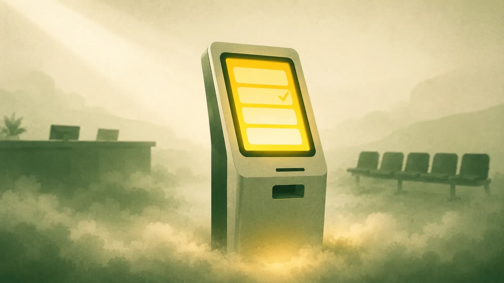 A self-serve knowledge test terminal glowing in a DriveTest waiting area, one answer ticked