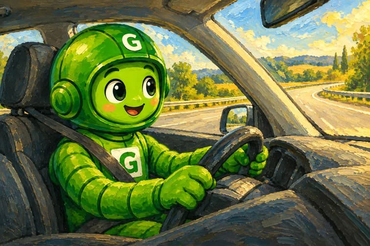 Greeny behind the wheel on a sunny highway on-ramp, driving solo for the first time