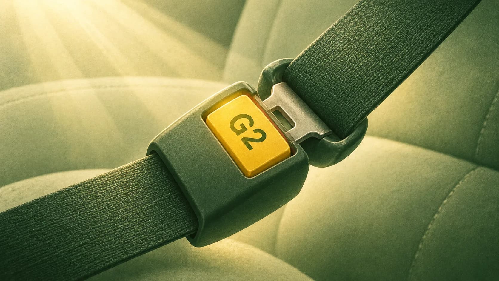 A fastened forest-green seatbelt with a yellow G2 buckle against softly painted sage upholstery