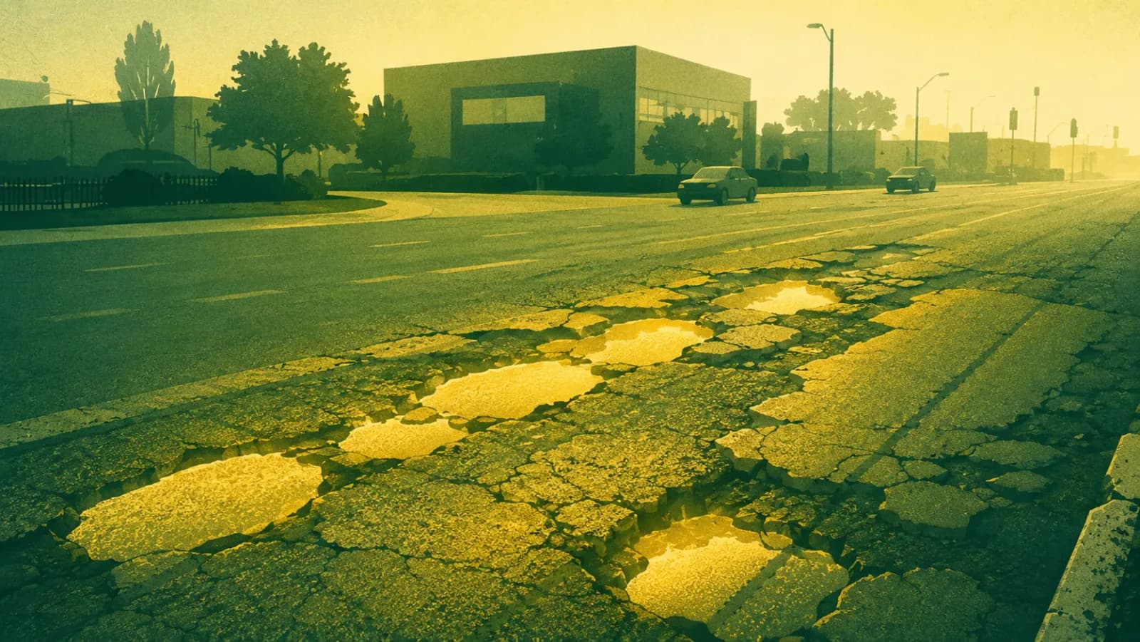 Illustration of a pothole-covered Toronto arterial road in Greenhorn's green-and-yellow style