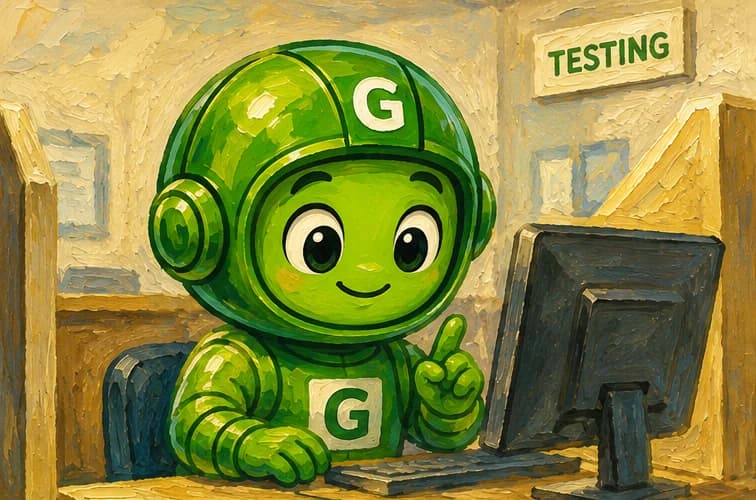 Greeny at a DriveTest computer terminal under a Testing sign