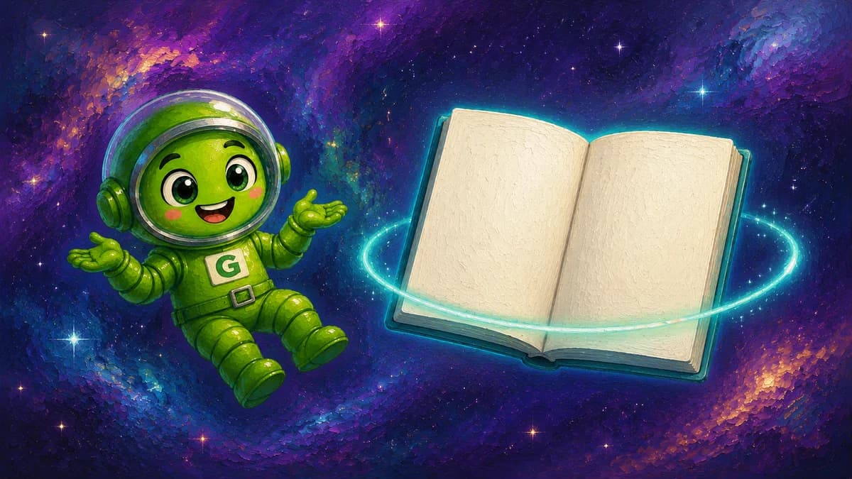 Greeny floating beside an open book with nothing written in it yet