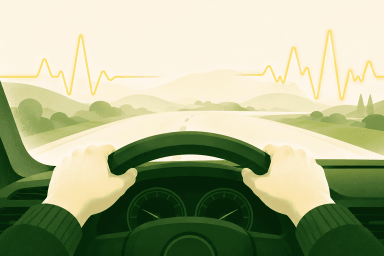 Driver's-eye illustration of hands gripping a green steering wheel with a yellow heartbeat line, representing driving anxiety