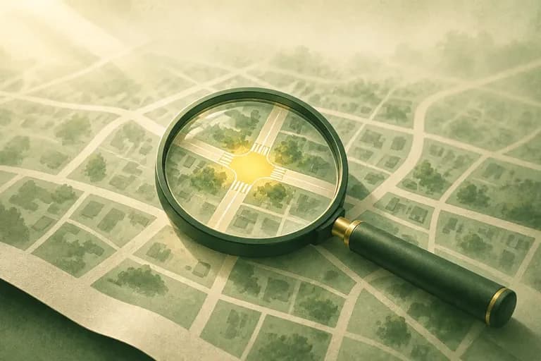 A magnifying glass over a street map, with one intersection glowing yellow under the lens