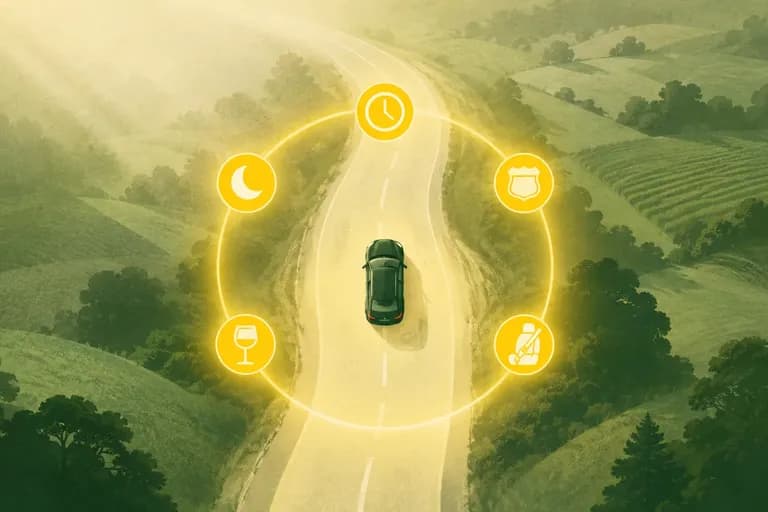 A car seen from above on a country road, ringed by glowing icons for the night hours, the clock, the highway, alcohol and seatbelts