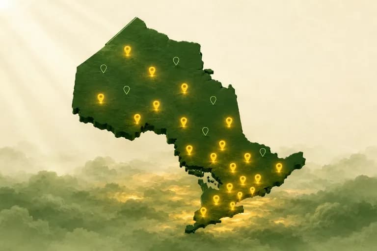 The silhouette of Ontario studded with map pins, lit gold where the G1 knowledge test is offered and dark where it is not
