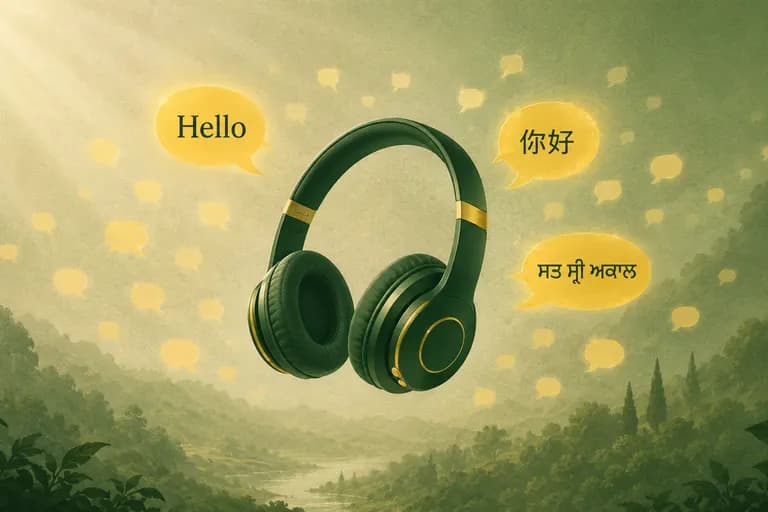 Headphones floating among speech bubbles greeting in English, Chinese and Punjabi