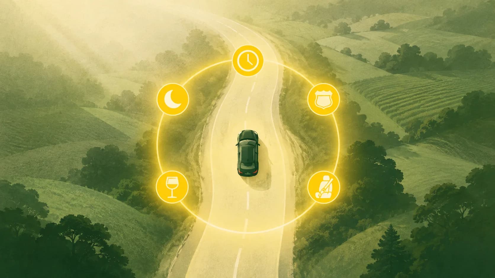 A car seen from above on a country road, ringed by glowing icons for the night hours, the clock, the highway, alcohol and seatbelts