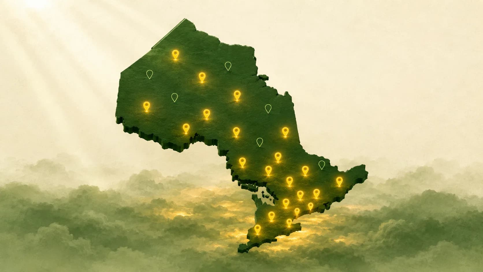 The silhouette of Ontario studded with map pins, lit gold where the G1 knowledge test is offered and dark where it is not