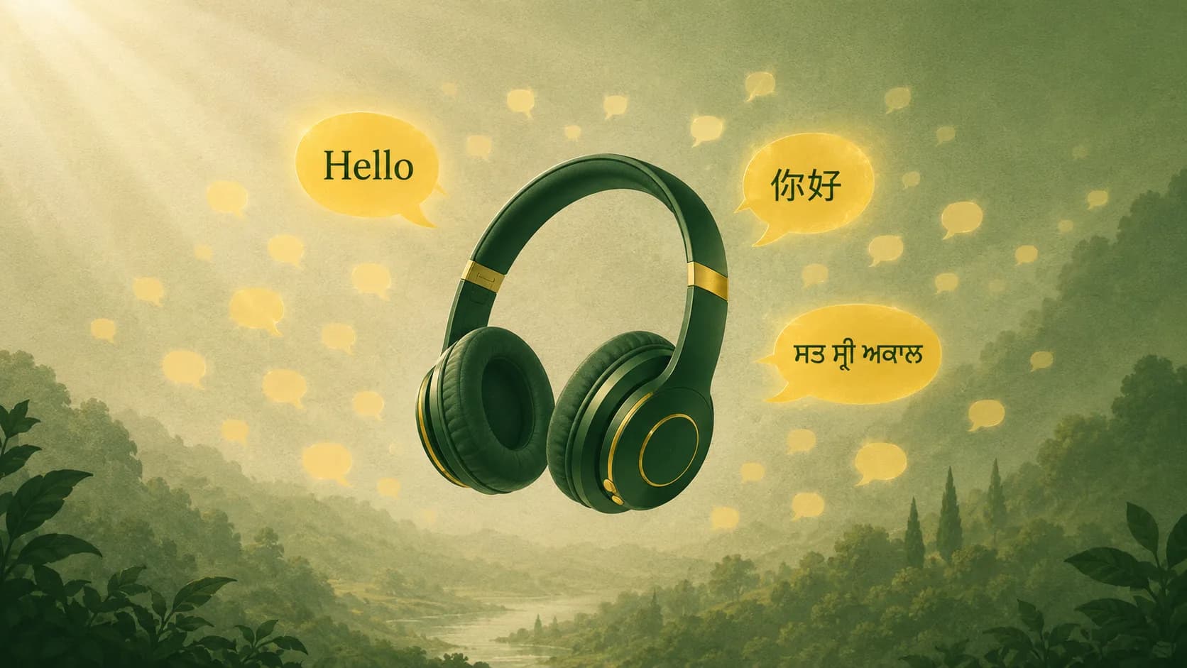 Headphones floating among speech bubbles greeting in English, Chinese and Punjabi