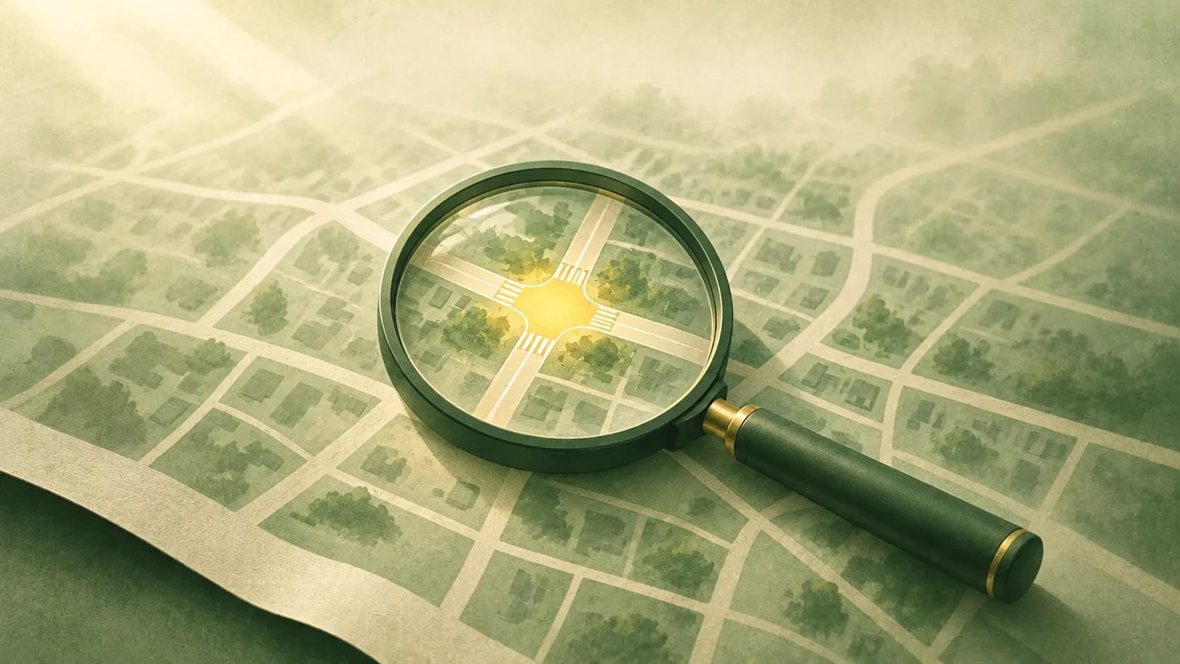 A magnifying glass over a street map, with one intersection glowing yellow under the lens