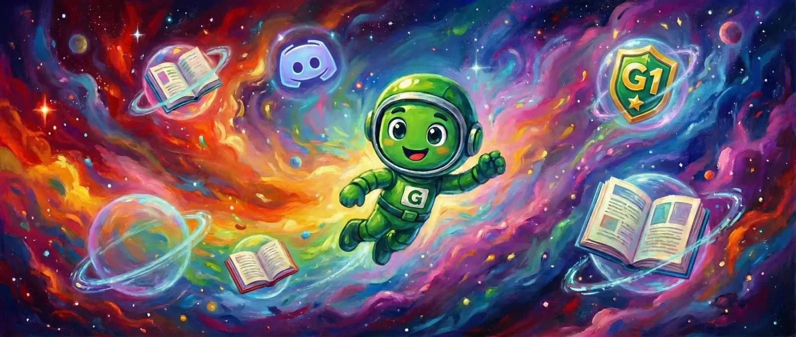 Greeny the Greenhorn mascot floating through a colourful nebula past the Discord logo, a G1 badge and open handbooks