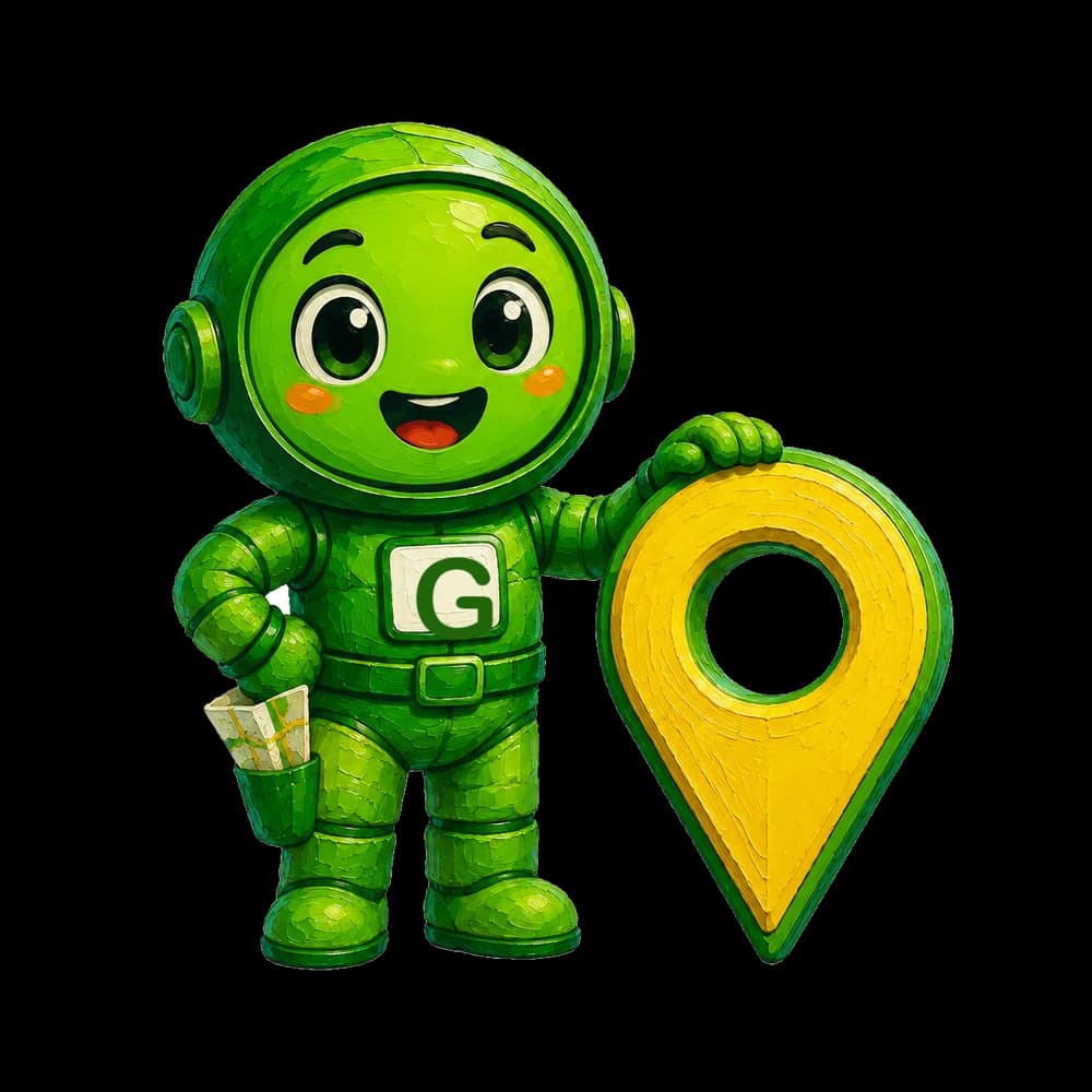 Greeny the Greenhorn mascot standing beside a map pin