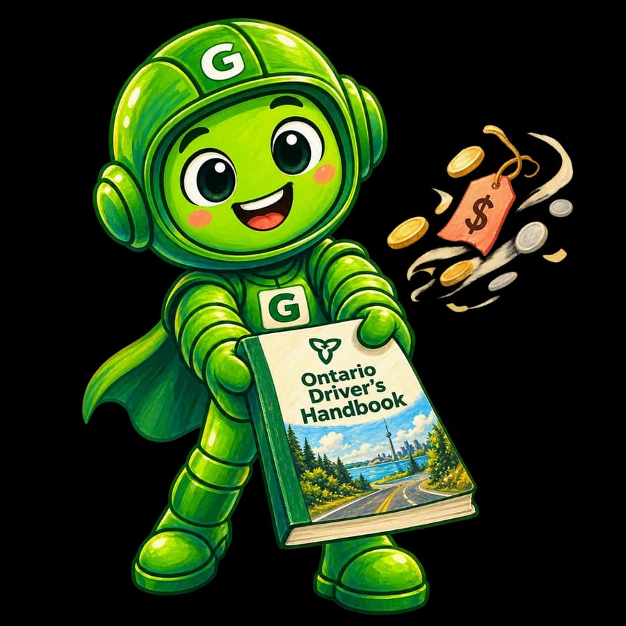 Greeny holding the Ontario Driver's Handbook, with a price tag and coins floating away