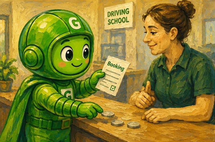 Greeny handing a booking form across a driving school counter