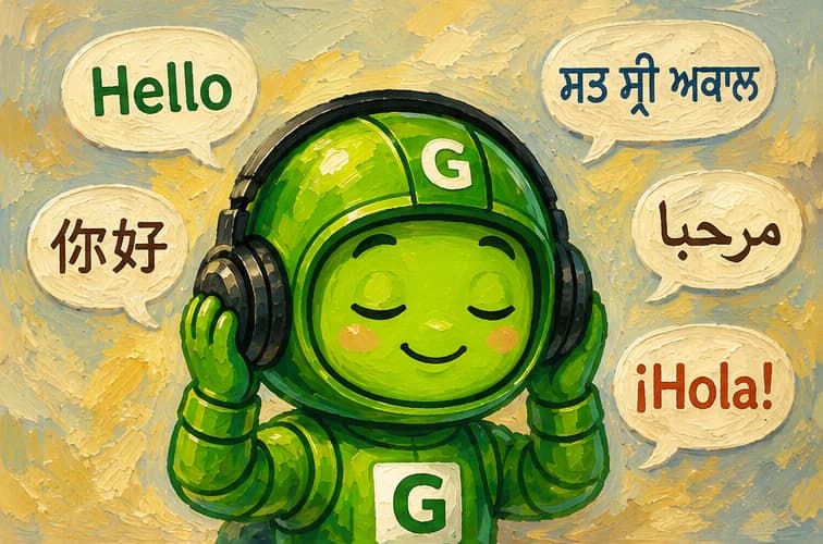 Greeny wearing headphones, surrounded by speech bubbles greeting in five languages