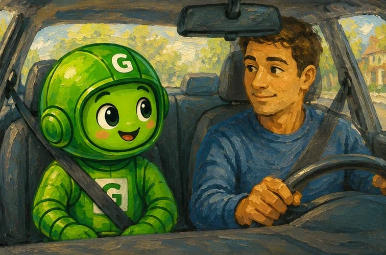 Greeny buckled into the passenger seat beside a fully licensed driver