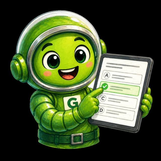 Greeny holding up a tablet with a practice question, the right answer ticked in green