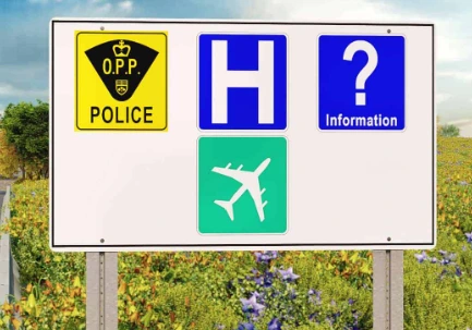 Sign with symbols for police, hospital, information and airport